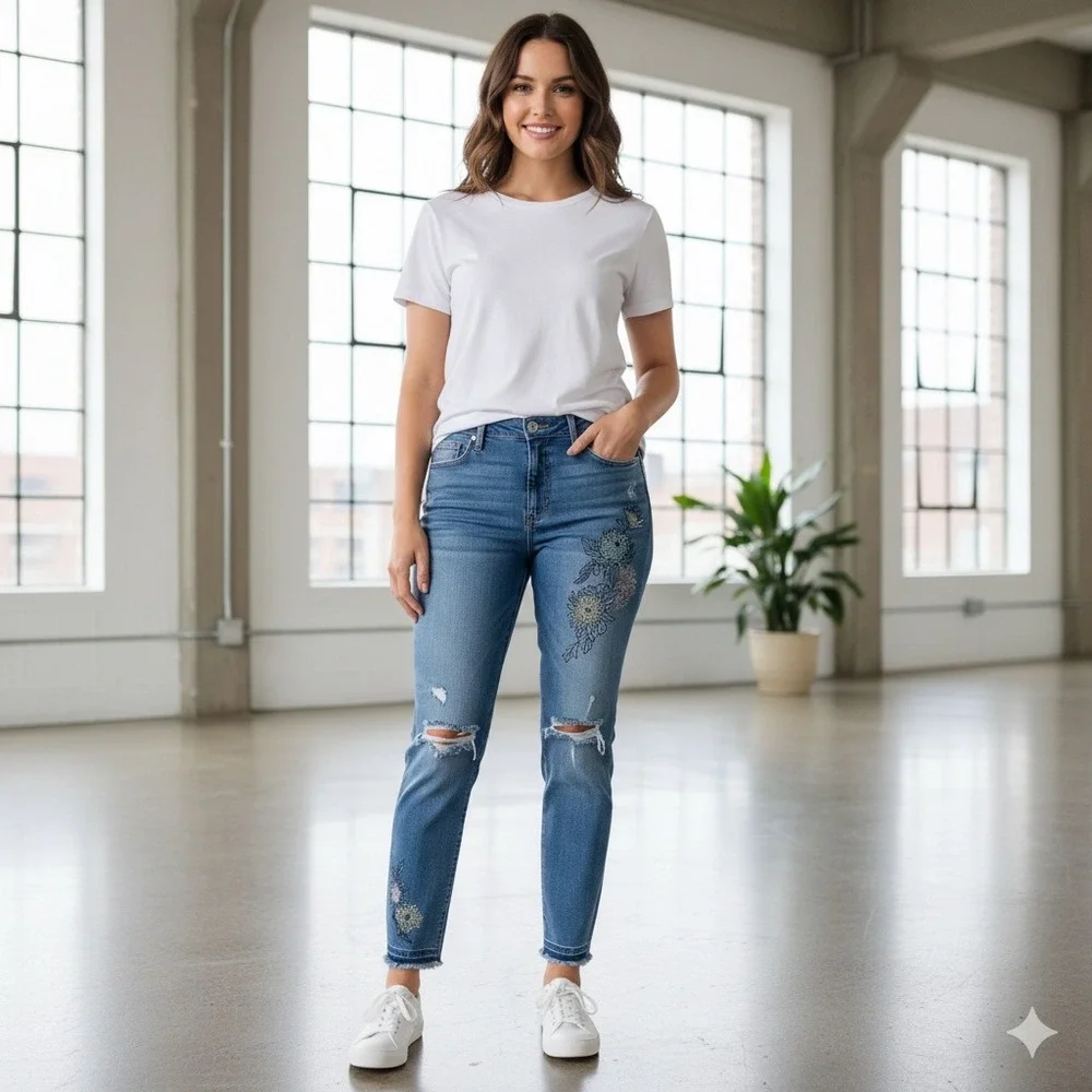 Seven High Rise Stovepipe Straight‎ Denim Jeans Women 32 Blue Embroidery Flowers